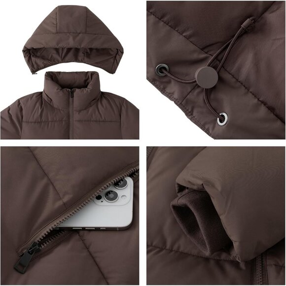 Women's Cropped Puffer Jackets Warm Winter Jacket with Removable Coat Brown - Picture 6 of 6